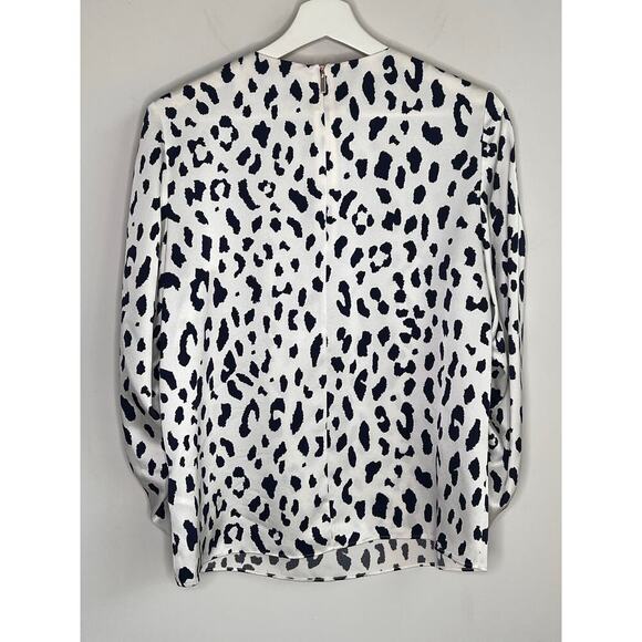 Tibi 100% Silk Leopard Print Ruched Sleeve Blouse Top White/Navy Women's Size 2 - Picture 8 of 9